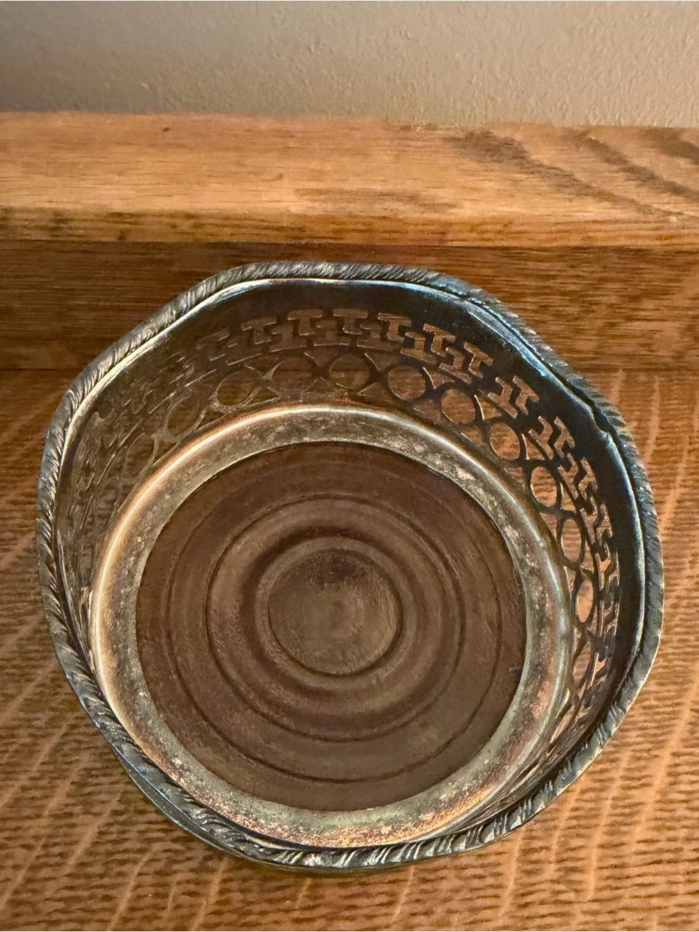 Royal Sheffield Vintage Silverplate Pierced Wine Bottle Coaster Walnut Base 4”